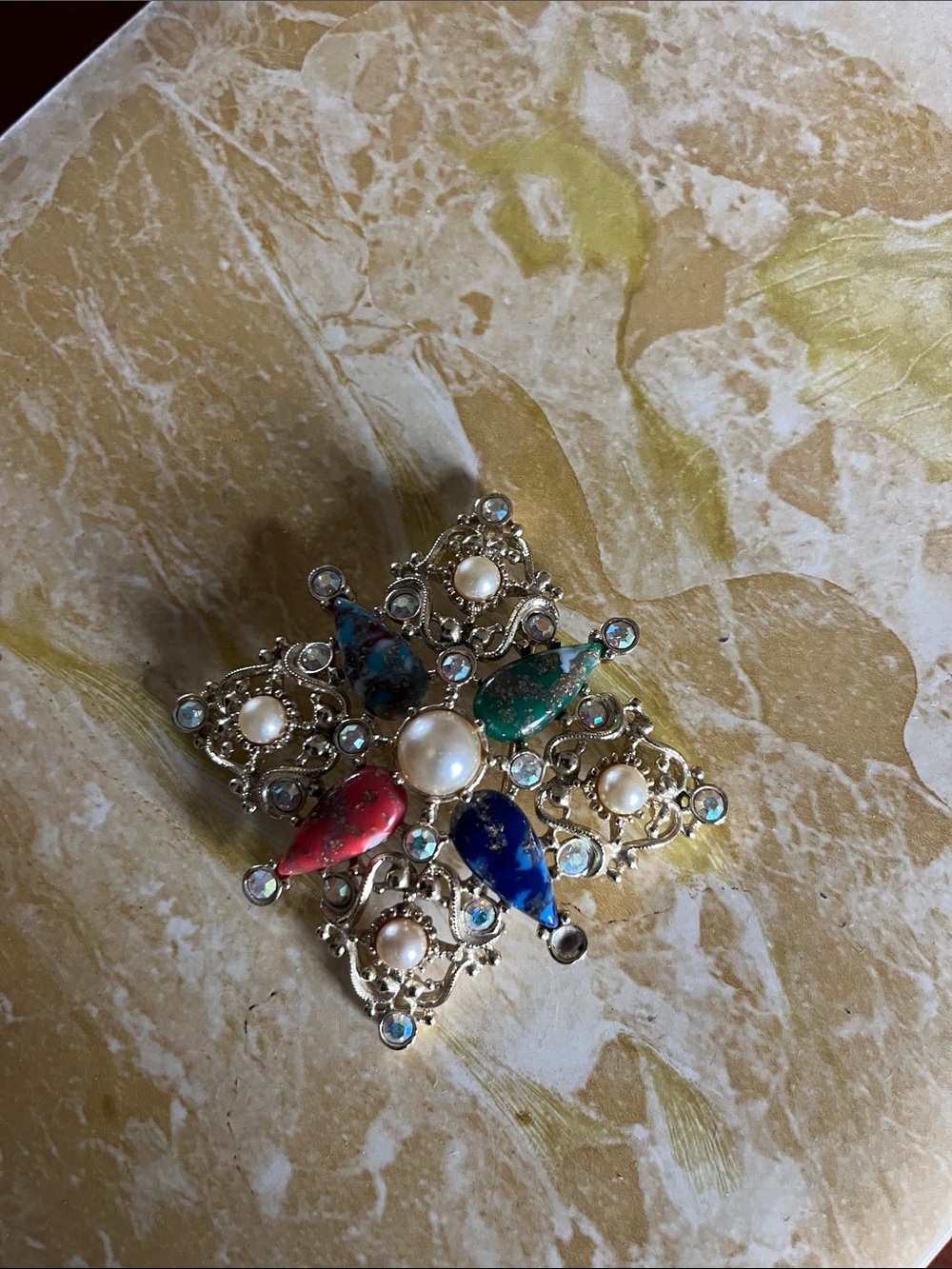 Gold-Tone Multicolor Teardrop & Pearl Brooch